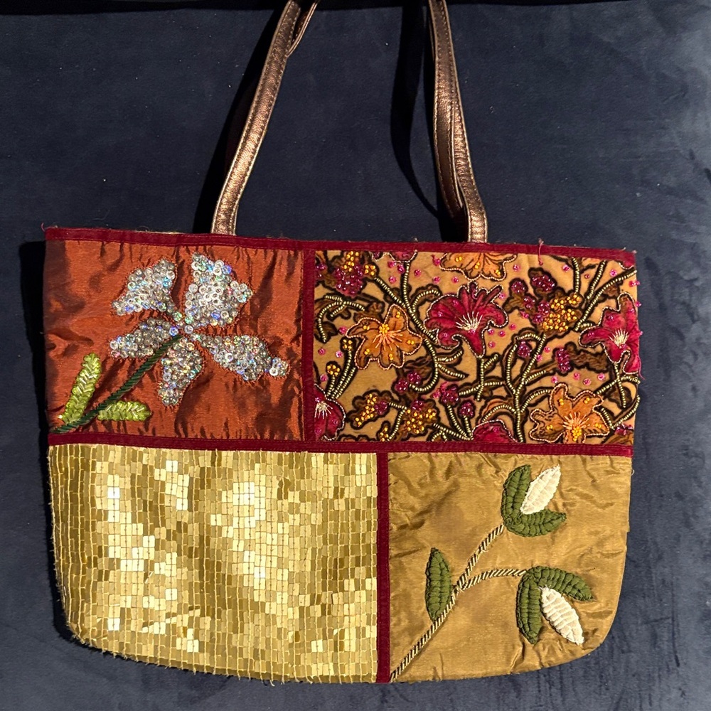 Patchwork Embroidered Tote Bag in Gold and Rust